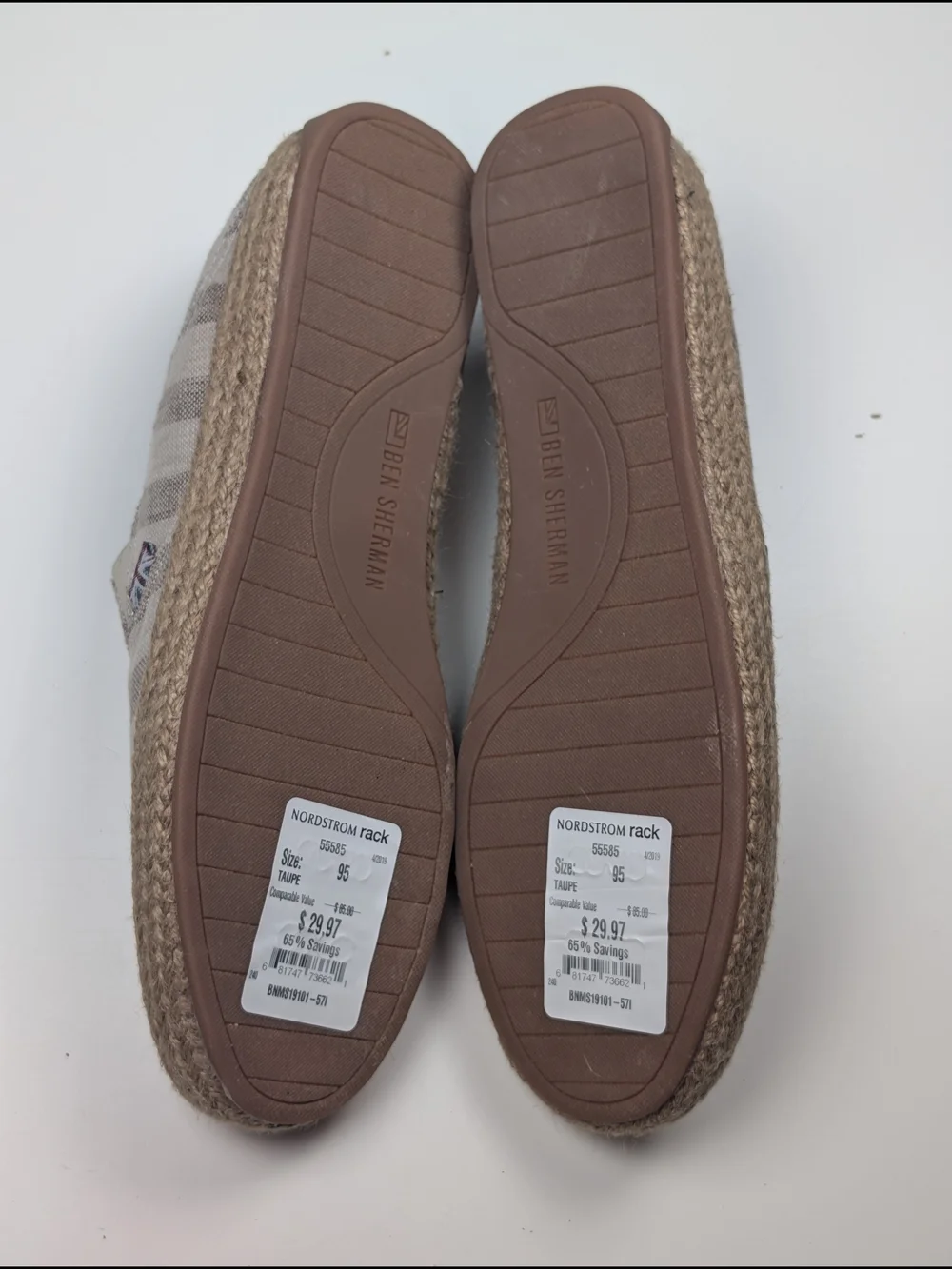 NWT Ben Sherman Mens Taupe Beige Striped Espadrille Slip On Loafers Size 9.5